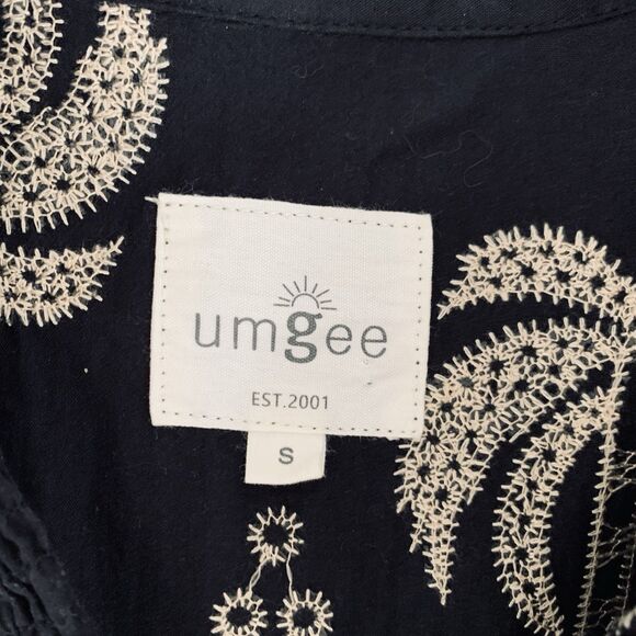 Umgee Dress Palm Tree Embroidered S Black Puff Sleeve Smocked Boho Resortwear - Picture 7 of 10